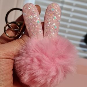 Adorable Baby Pink Sparkle Bunny Ear Bag Charm/Keychain Faux Fur Puff Brand New